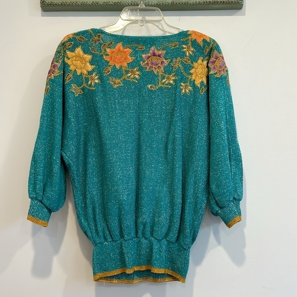 Vintage 80s Umi collections by Anne Crimmins embroidered 3/4 sleeve sweater teal - Picture 6 of 6